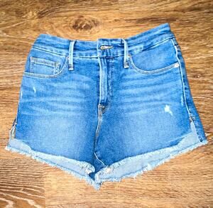 Good American Mid Rise Medium Wash Cut Off Denim Shorts 2/26 Raw Hem